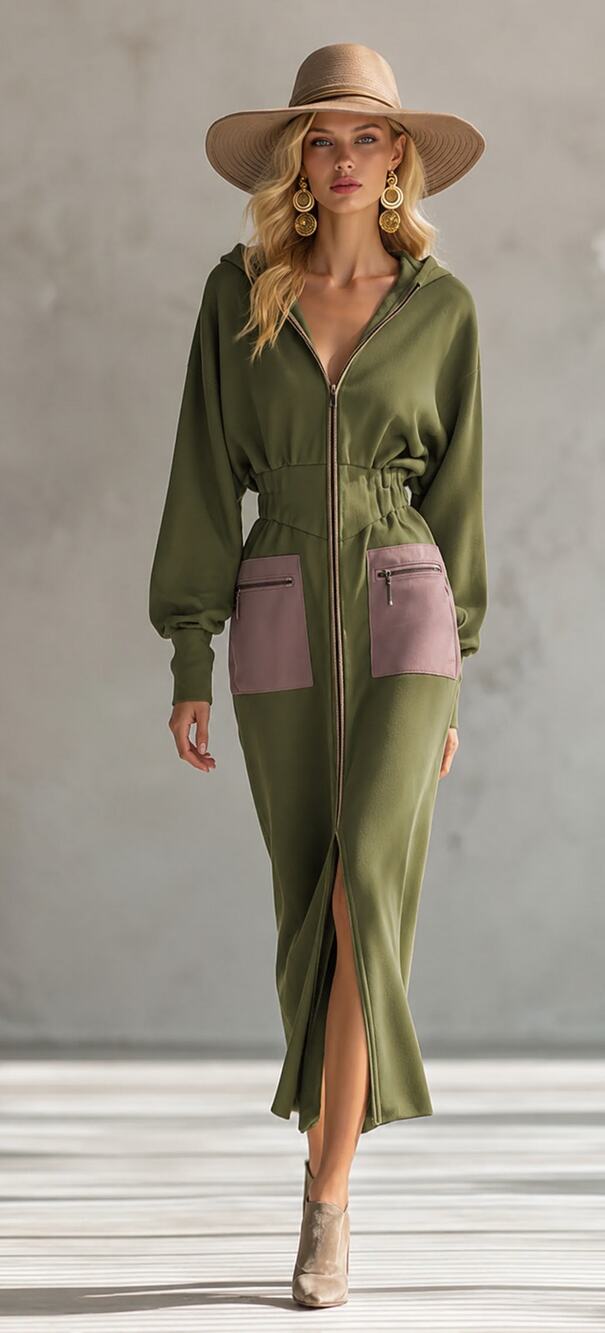 Oyrosy Long Sleeve Hooded Zip Up Sweatshirt Midi Dress Olive Green Womens Small